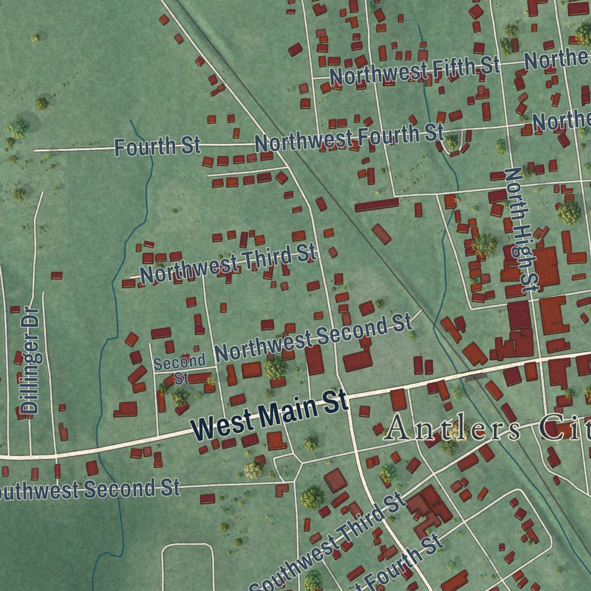 Second close-up of the map of Antlers, Oklahoma print showing more streets and buildings