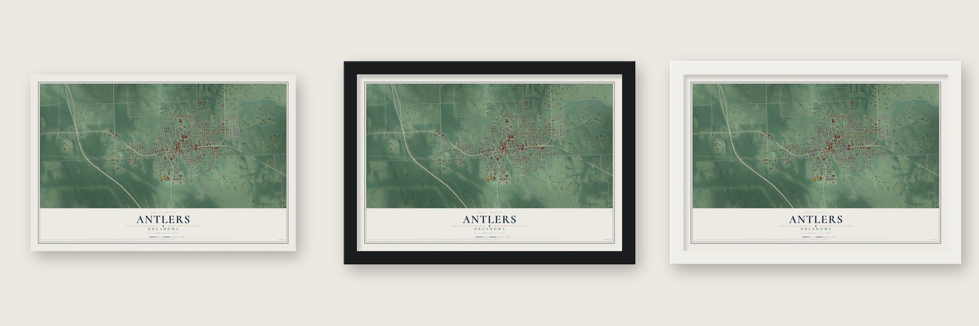 Antlers, Oklahoma map unframed, in a black wood frame and in a white wood frame