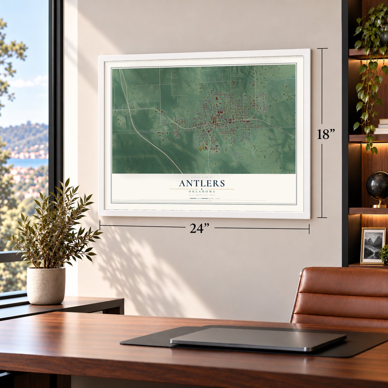 Antlers, Oklahoma map, 18 x 24 inch print in a white frame in a home office