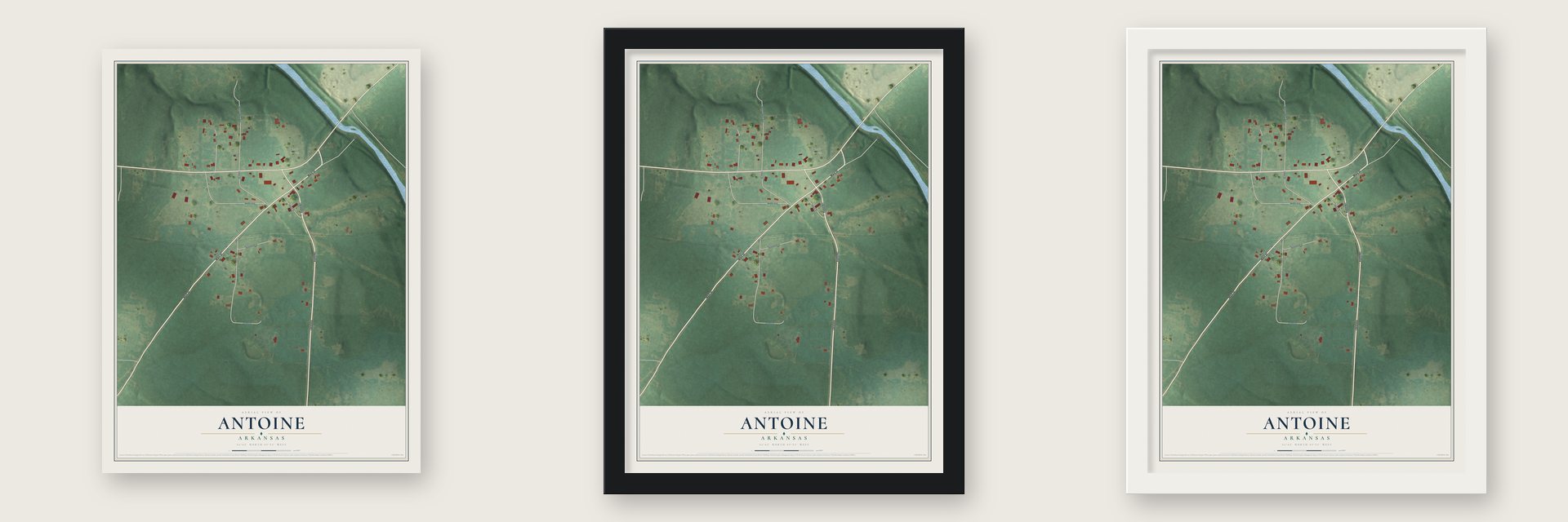 Antoine, Arkansas map unframed, in a black wood frame and in a white wood frame