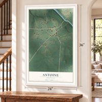 Antoine, Arkansas map, 24 x 36 inch print in a white frame by a staircase