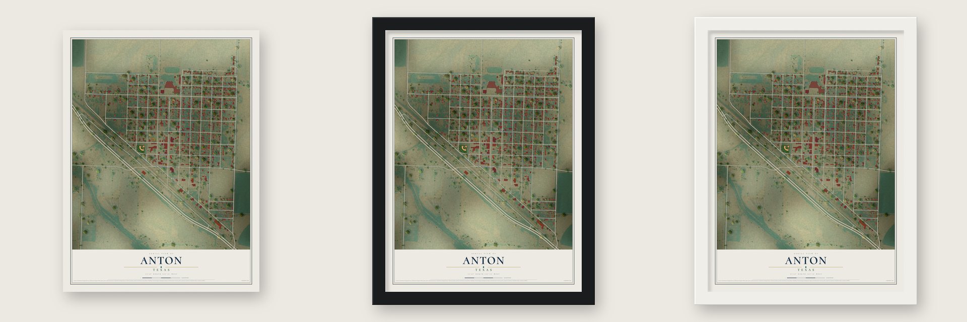 Anton, Texas map unframed, in a black wood frame and in a white wood frame