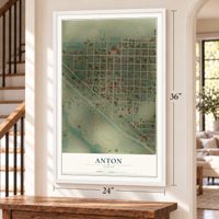 Anton, Texas map, 24 x 36 inch print in a white frame by a staircase
