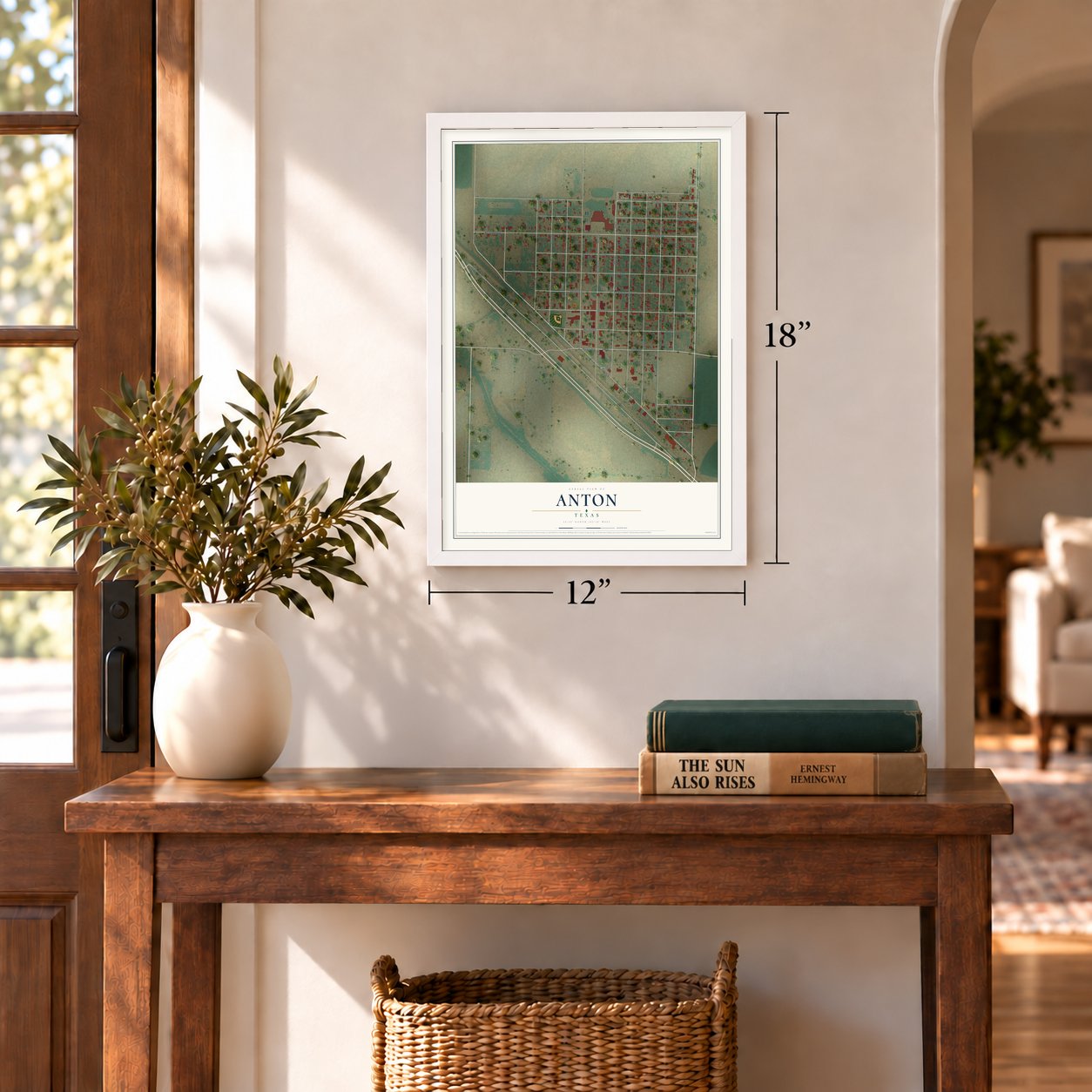 Anton, Texas map, 12 x 18 inch print in a white frame in an entryway