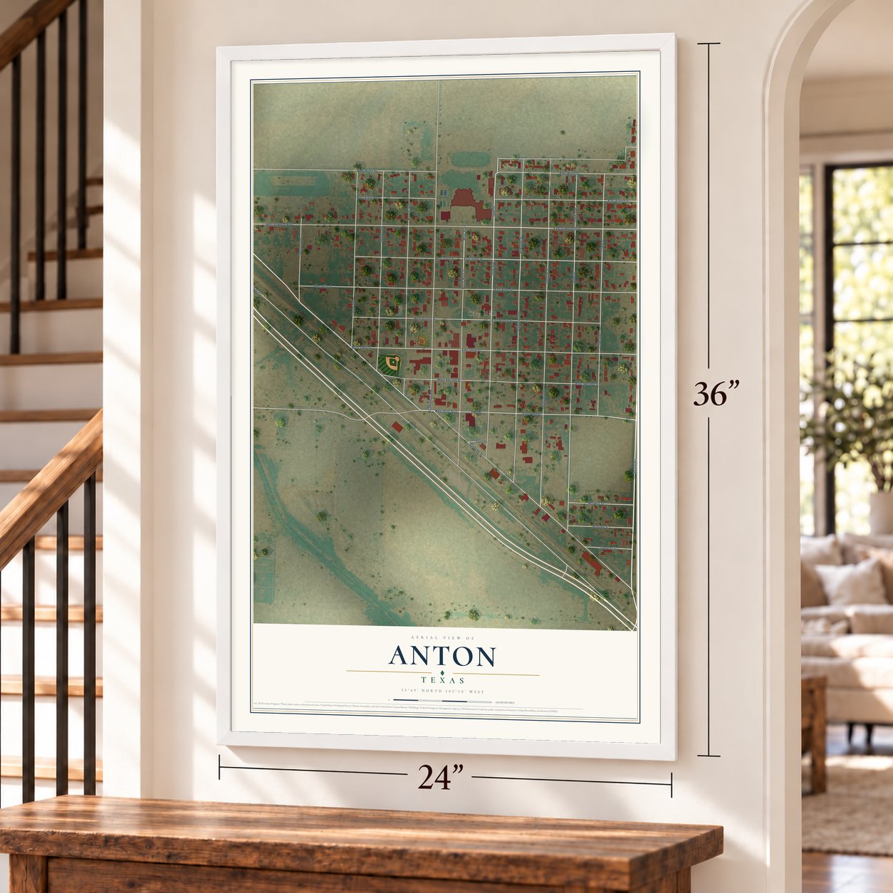Anton, Texas map, 24 x 36 inch print in a white frame by a staircase