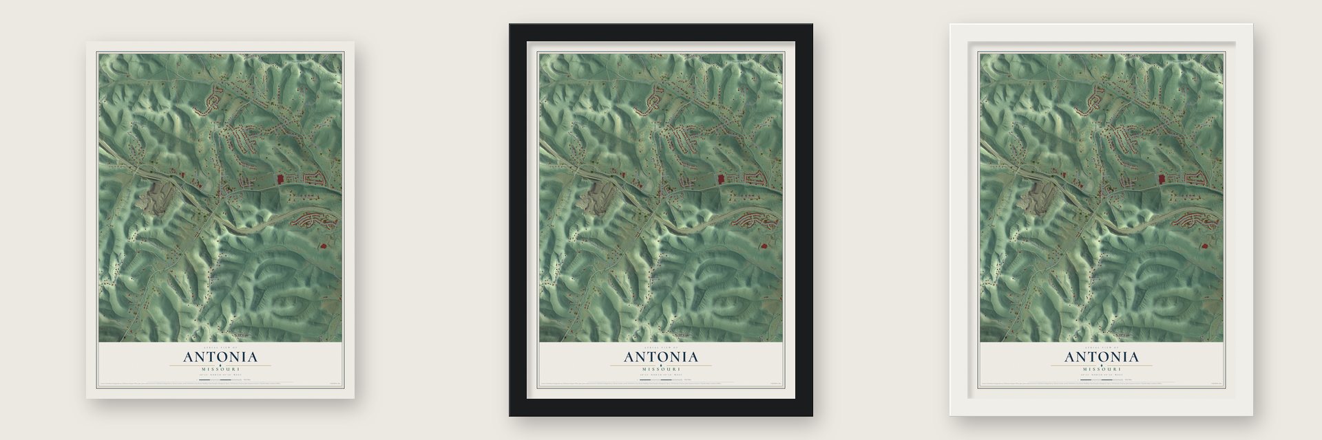 Antonia, Missouri map unframed, in a black wood frame and in a white wood frame