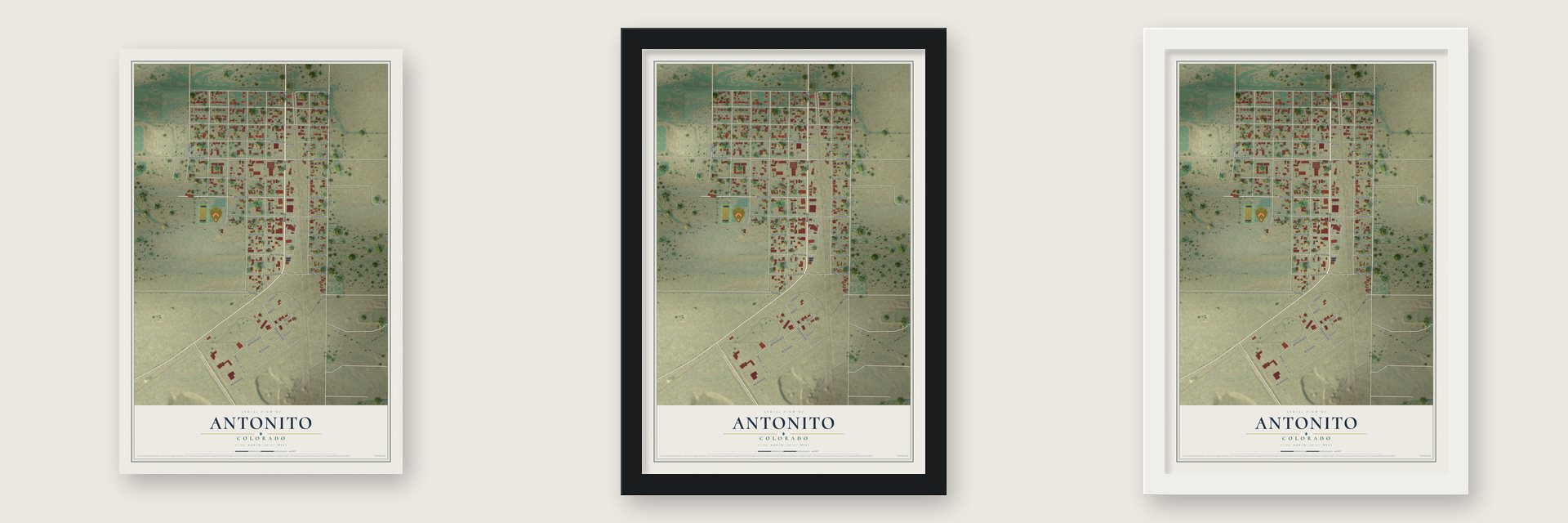 Antonito, Colorado map unframed, in a black wood frame and in a white wood frame