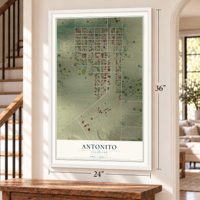 Antonito, Colorado map, 24 x 36 inch print in a white frame by a staircase