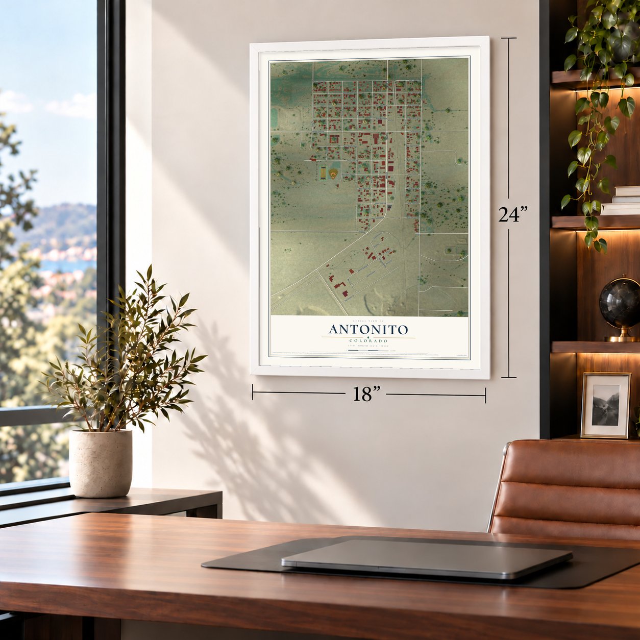 Antonito, Colorado map, 18 x 24 inch print in a white frame in a home office