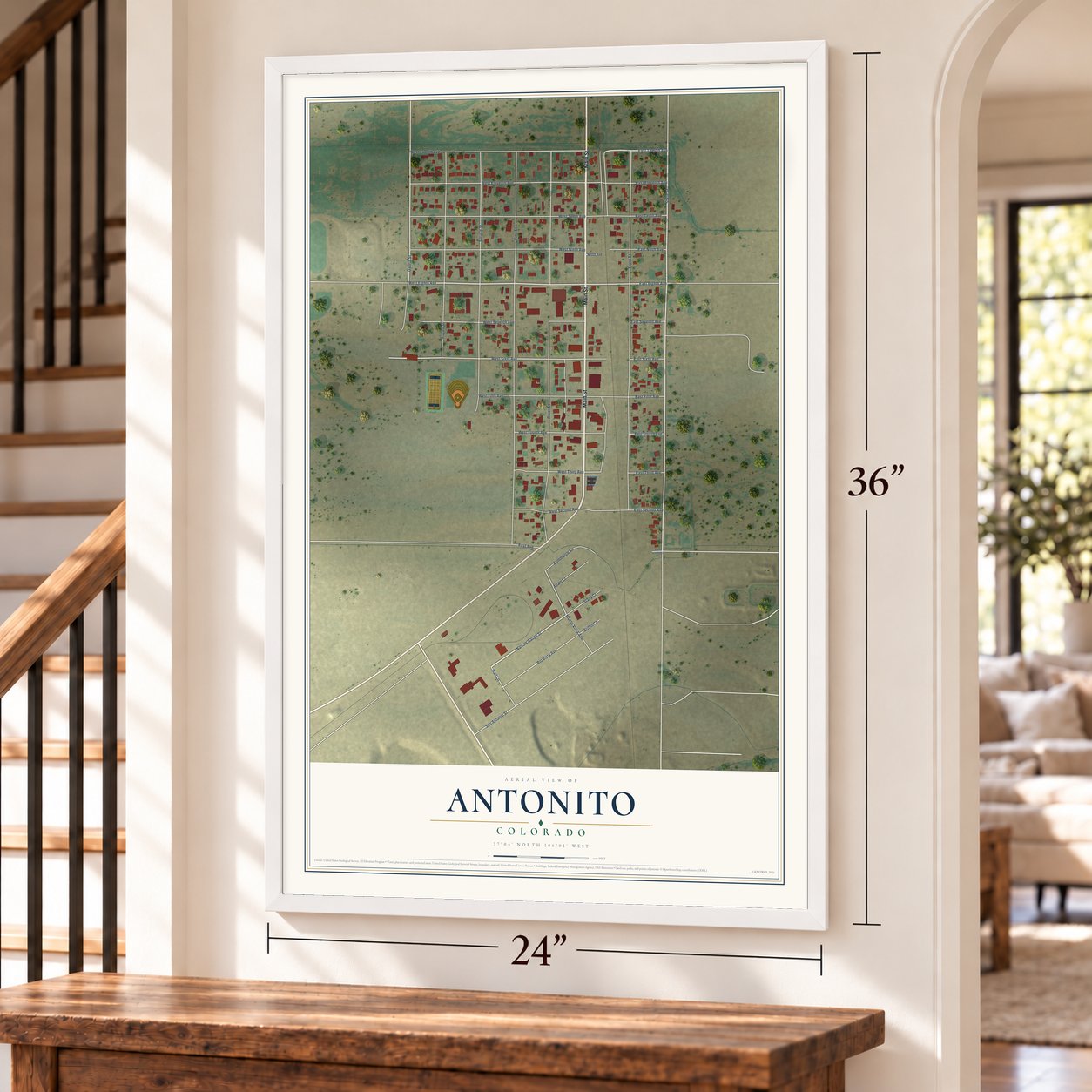 Antonito, Colorado map, 24 x 36 inch print in a white frame by a staircase