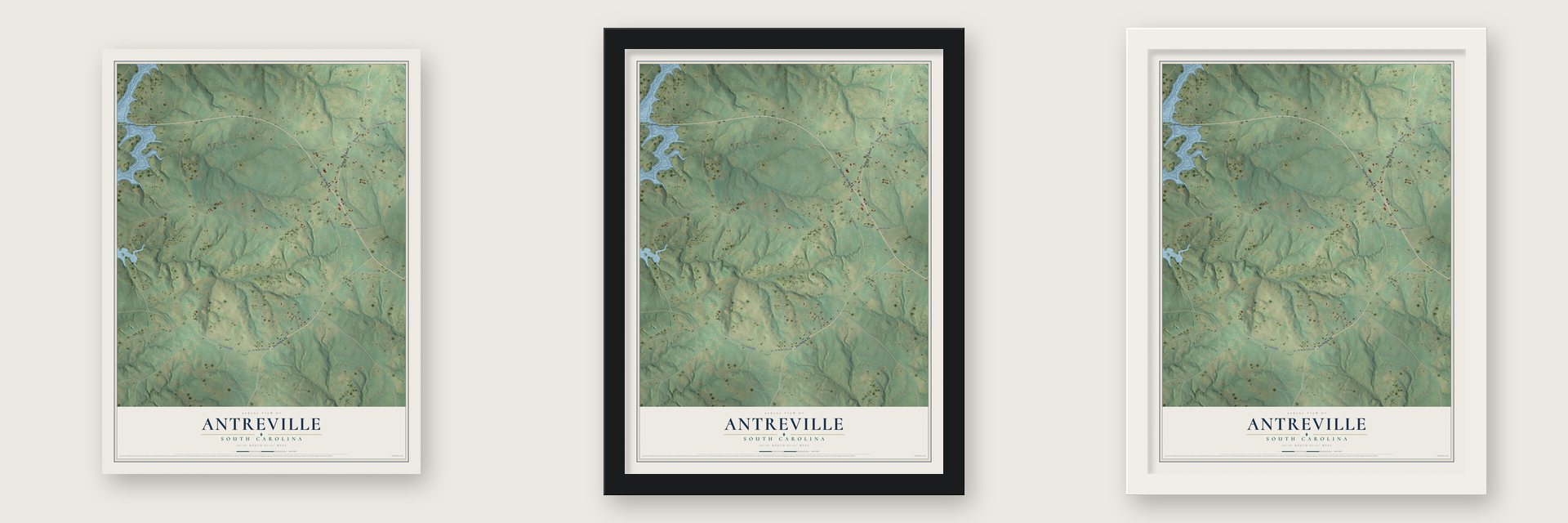 Antreville, South Carolina map unframed, in a black wood frame and in a white wood frame