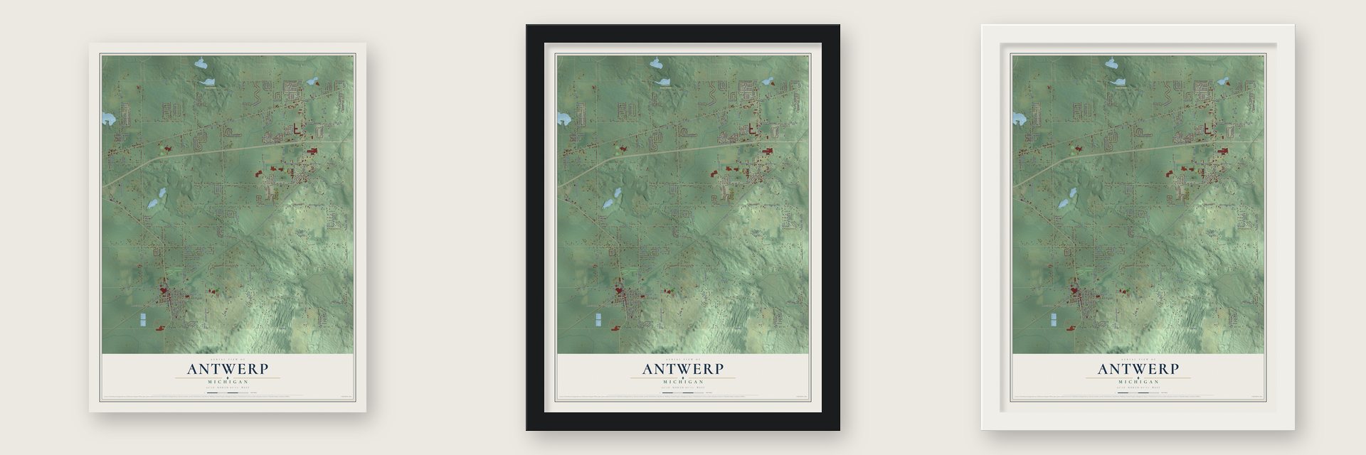 Antwerp, Michigan map unframed, in a black wood frame and in a white wood frame