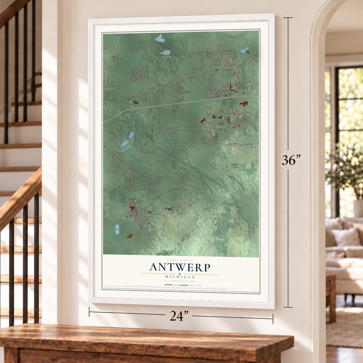 Antwerp, Michigan map, 24 x 36 inch print in a white frame by a staircase