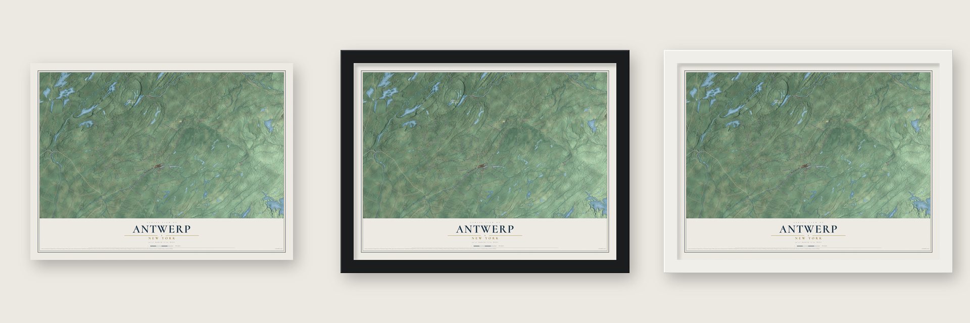 Antwerp, New York map unframed, in a black wood frame and in a white wood frame