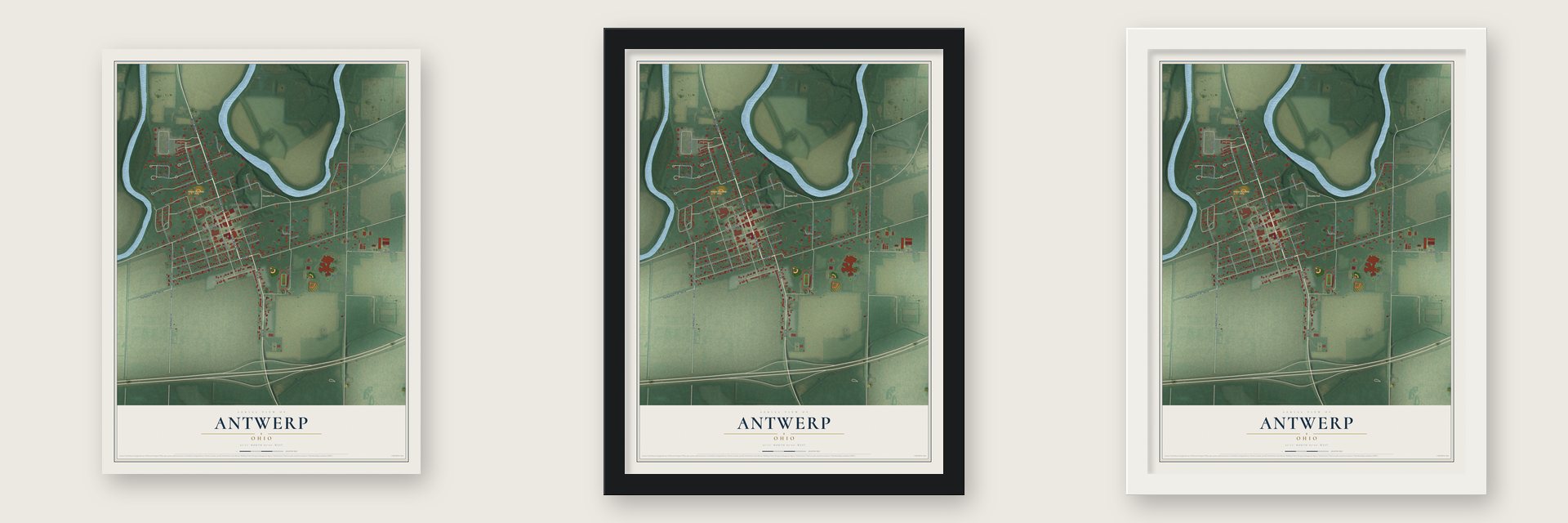 Antwerp, Ohio map unframed, in a black wood frame and in a white wood frame