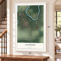 Antwerp, Ohio map, 24 x 36 inch print in a white frame by a staircase