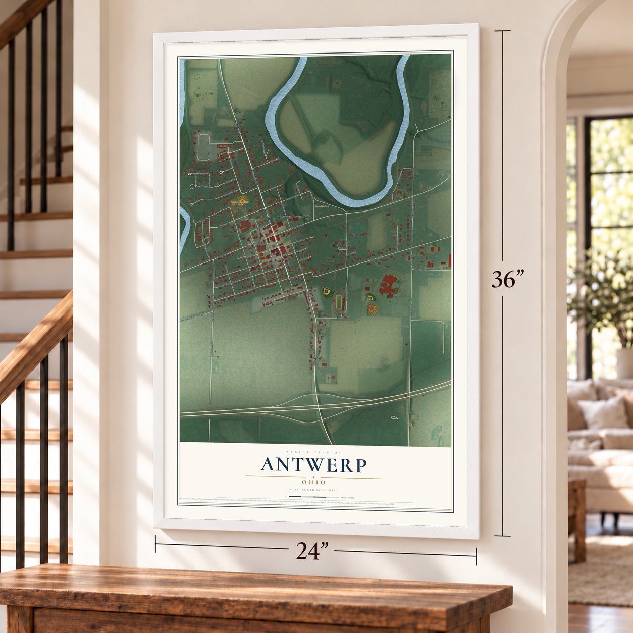 Antwerp, Ohio map, 24 x 36 inch print in a white frame by a staircase