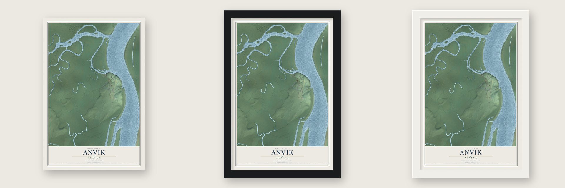 Anvik, Alaska map unframed, in a black wood frame and in a white wood frame