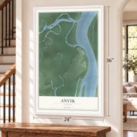 Anvik, Alaska map, 24 x 36 inch print in a white frame by a staircase