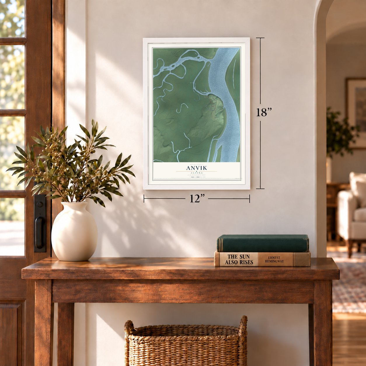 Anvik, Alaska map, 12 x 18 inch print in a white frame in an entryway