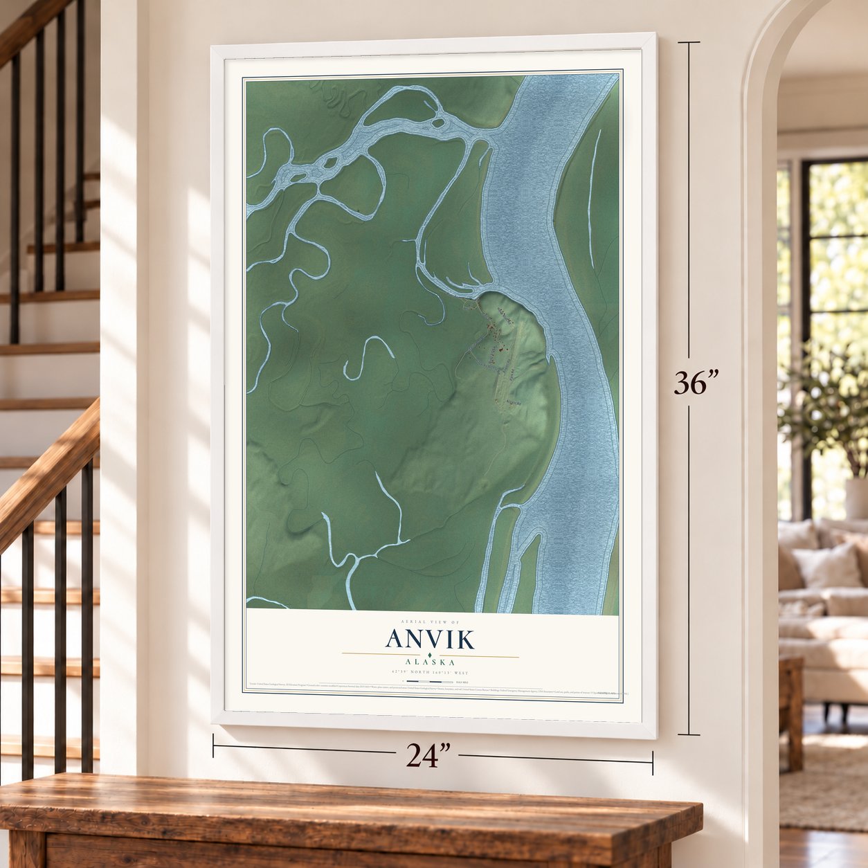 Anvik, Alaska map, 24 x 36 inch print in a white frame by a staircase