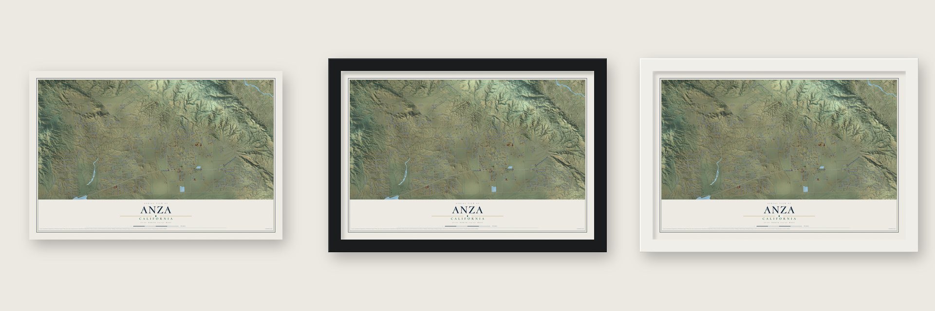 Anza, California map unframed, in a black wood frame and in a white wood frame
