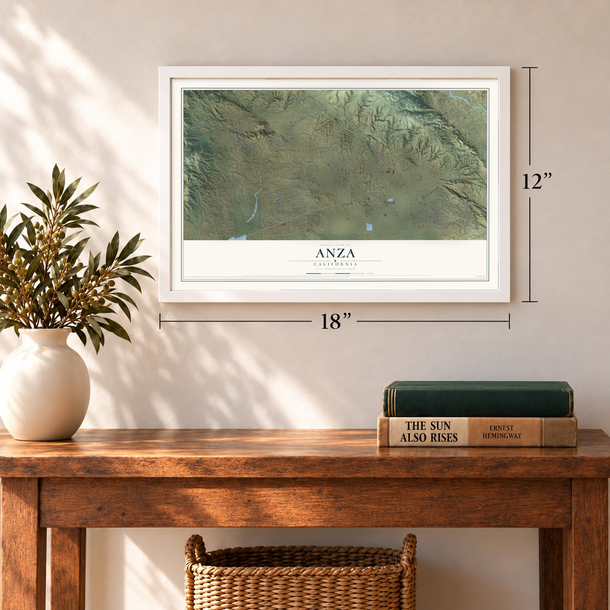 Anza, California map, 12 x 18 inch print in a white frame in an entryway