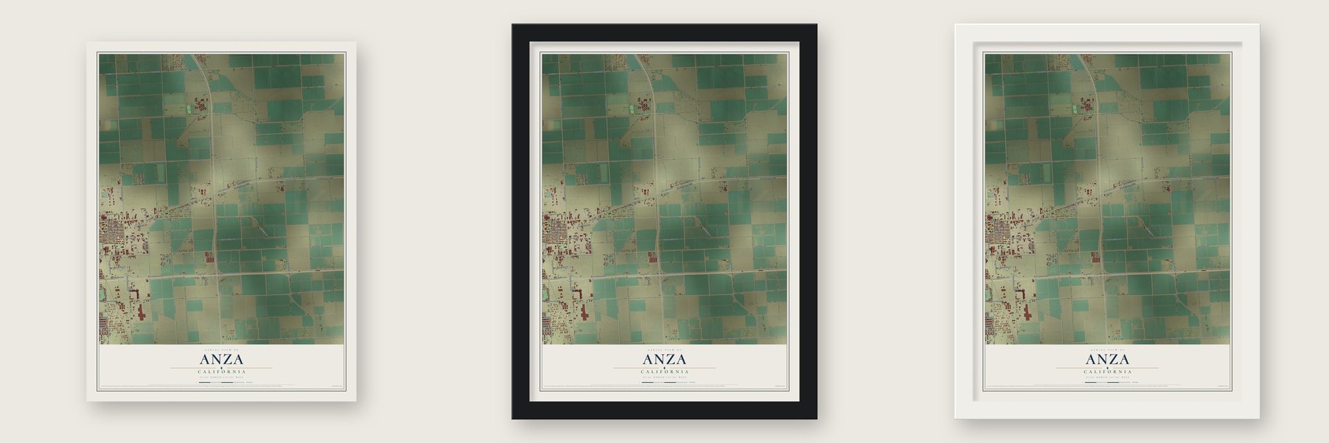 Anza, Imperial County, California map unframed, in a black wood frame and in a white wood frame