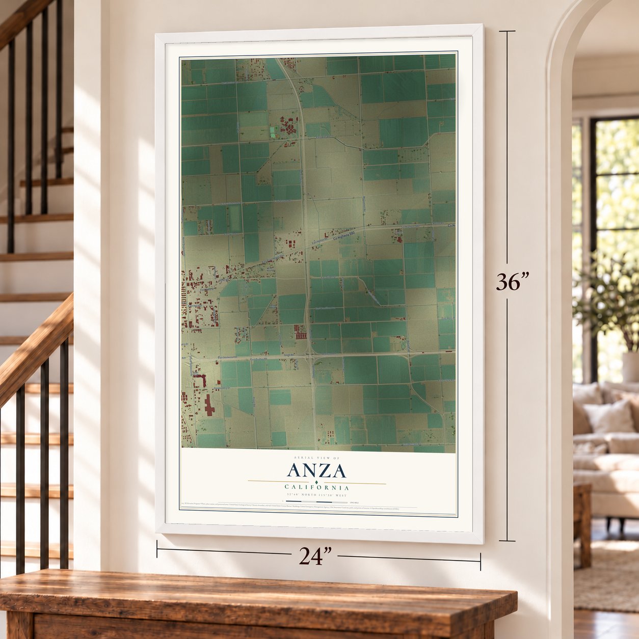 Anza, Imperial County, California map, 24 x 36 inch print in a white frame by a staircase