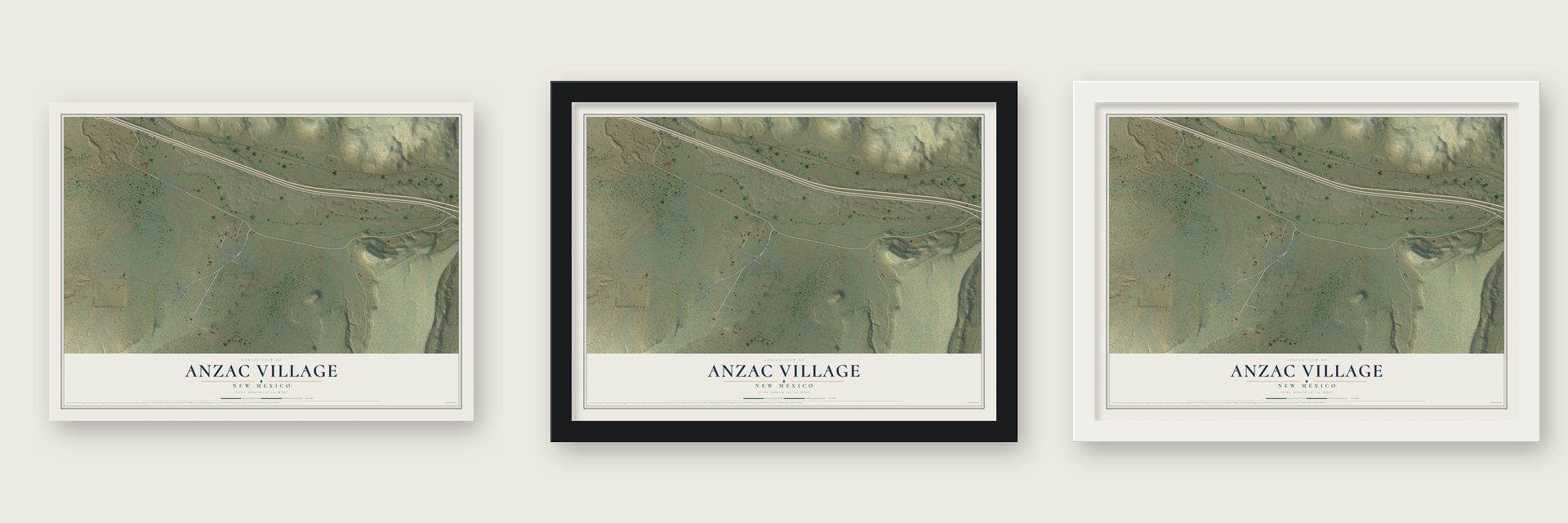 Anzac Village, New Mexico map unframed, in a black wood frame and in a white wood frame