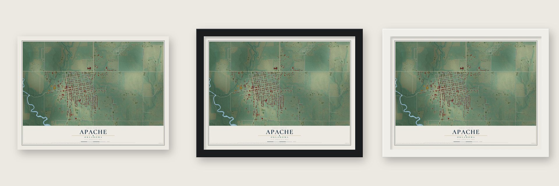Apache, Oklahoma map unframed, in a black wood frame and in a white wood frame