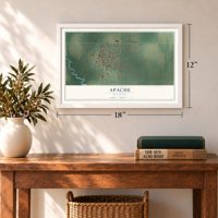 Apache, Oklahoma map, 12 x 18 inch print in a white frame in an entryway
