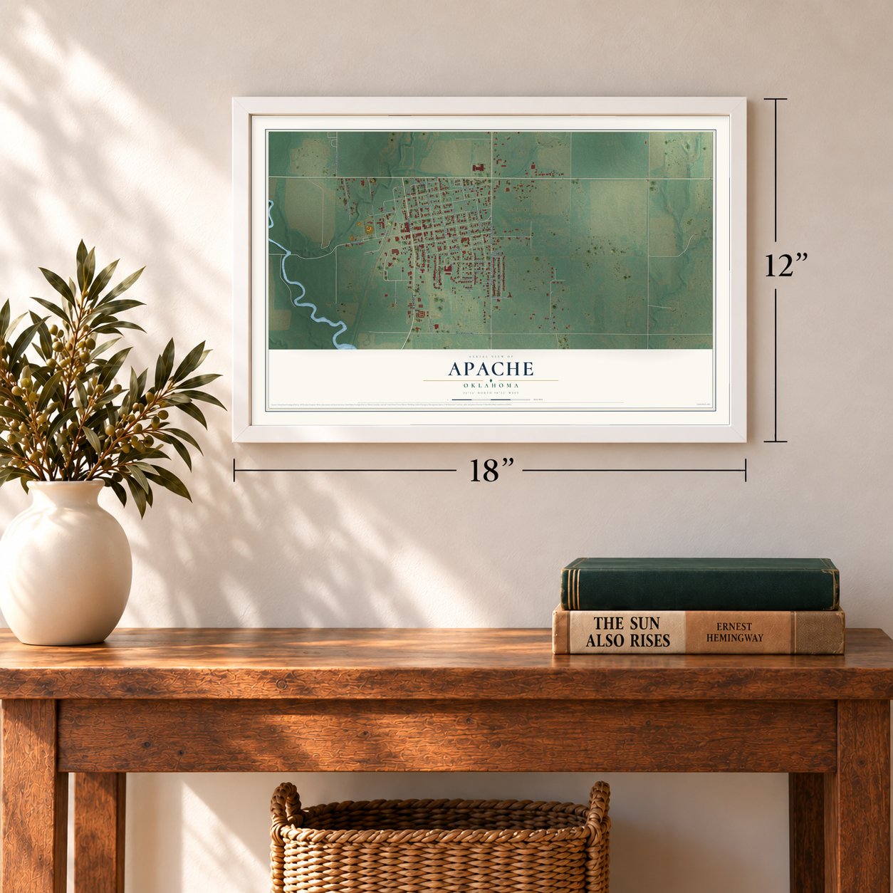 Apache, Oklahoma map, 12 x 18 inch print in a white frame in an entryway