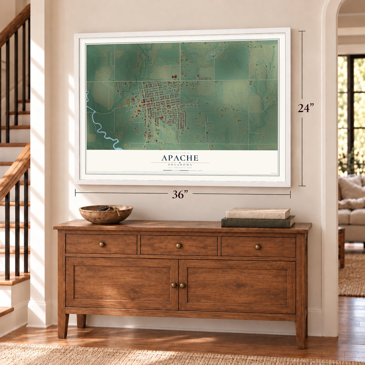 Apache, Oklahoma map, 24 x 36 inch print in a white frame above a dresser by a staircase