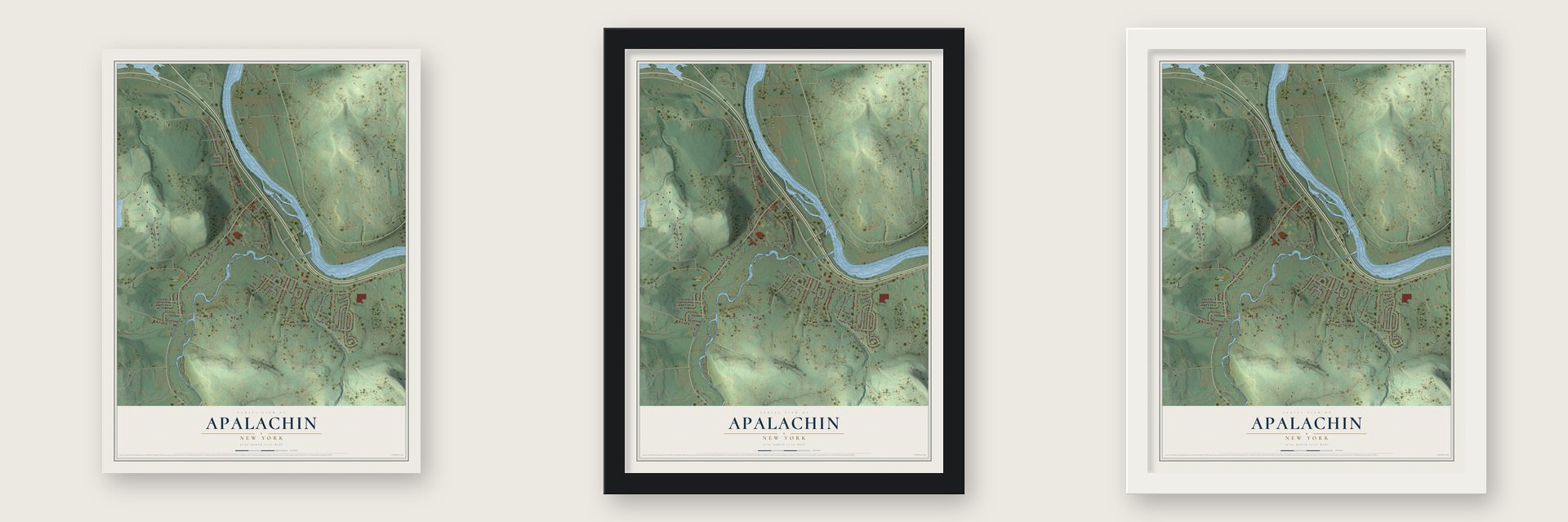 Apalachin, New York map unframed, in a black wood frame and in a white wood frame