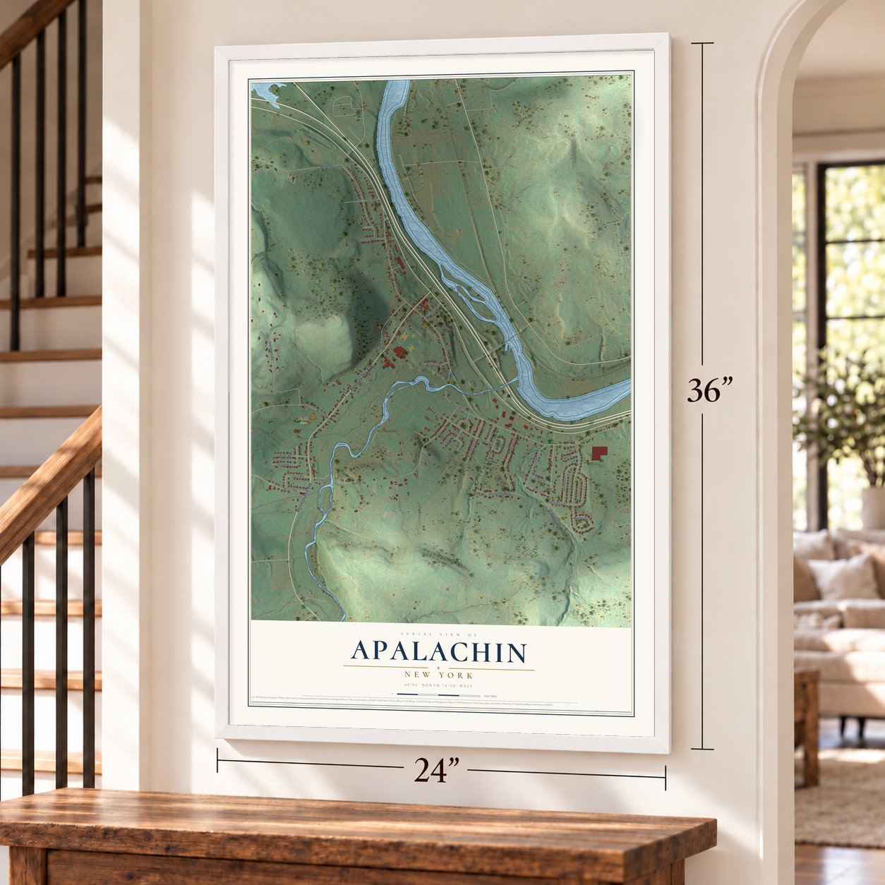 Apalachin, New York map, 24 x 36 inch print in a white frame by a staircase