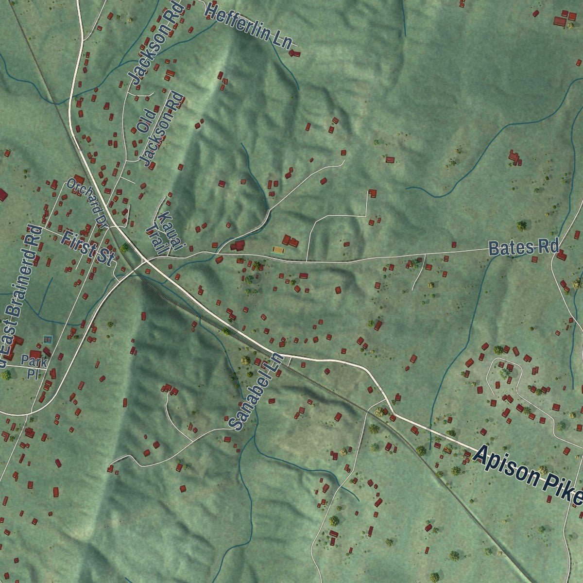 Second close-up of the map of Apison, Tennessee print showing more streets and buildings