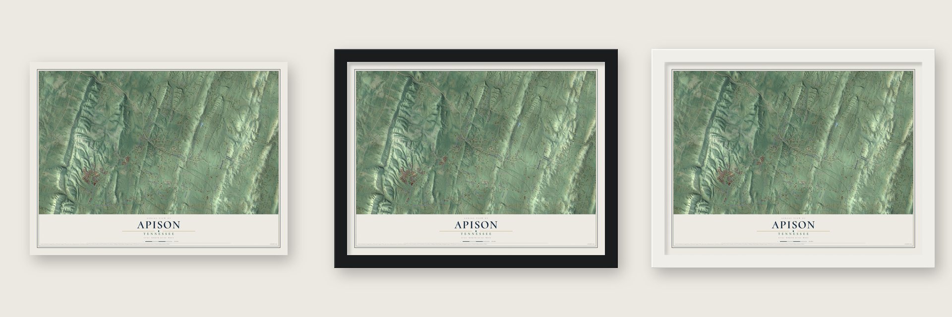 Apison, Tennessee map unframed, in a black wood frame and in a white wood frame