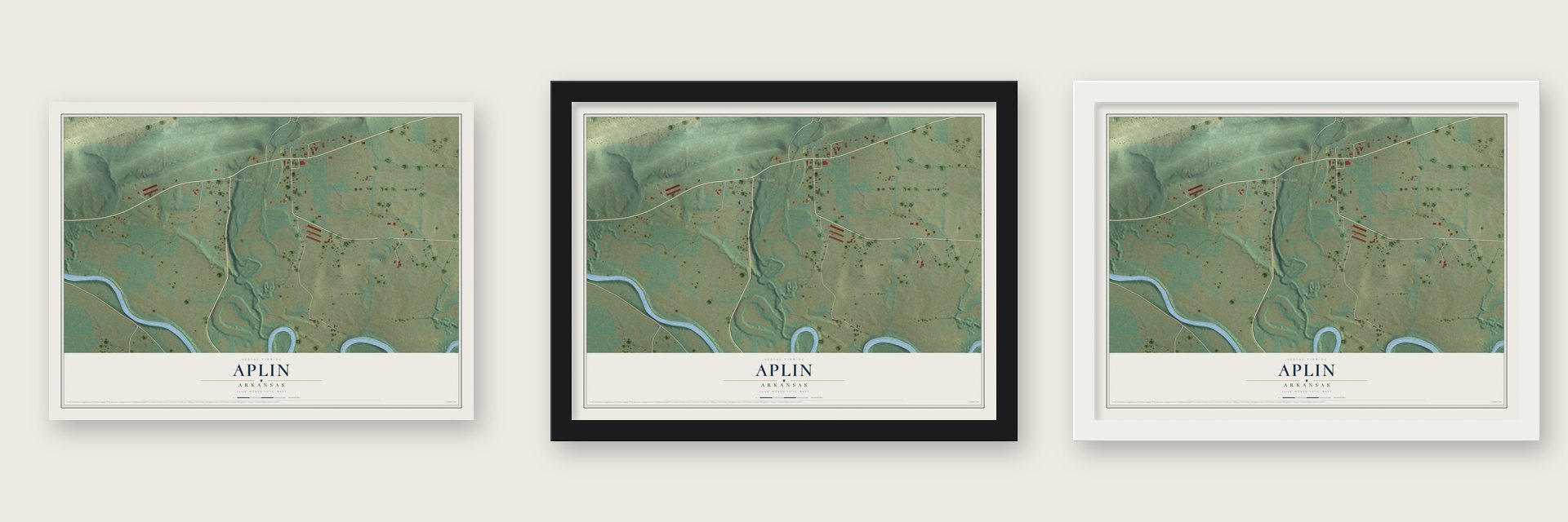 Aplin, Arkansas map unframed, in a black wood frame and in a white wood frame