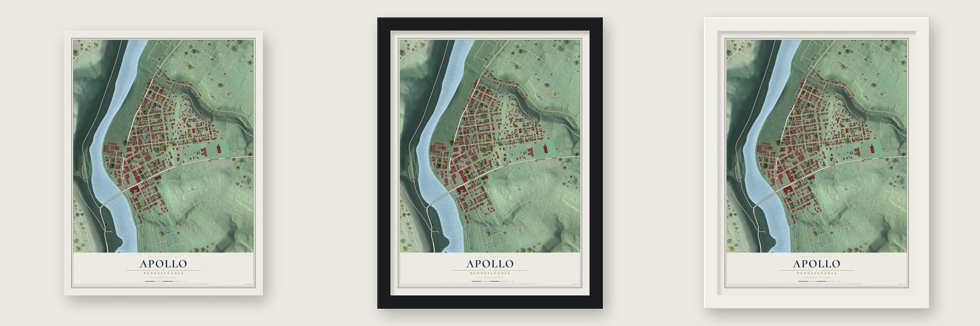 Apollo, Pennsylvania map unframed, in a black wood frame and in a white wood frame