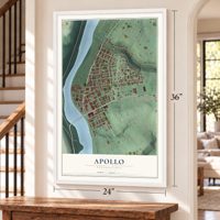 Apollo, Pennsylvania map, 24 x 36 inch print in a white frame by a staircase