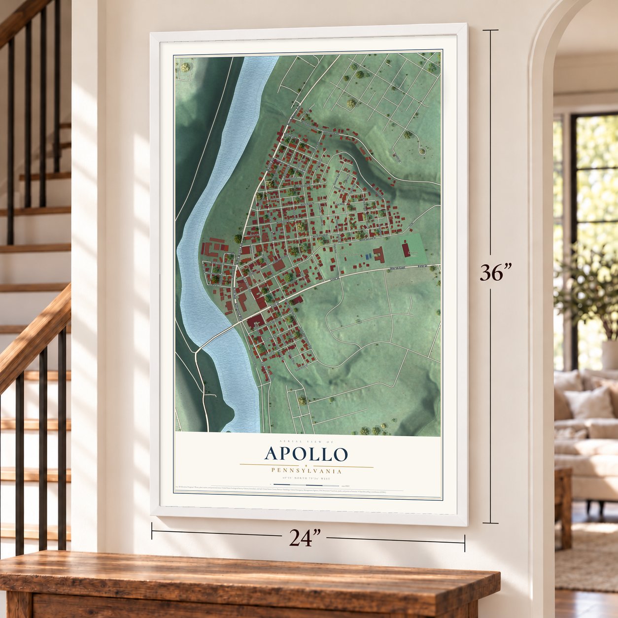 Apollo, Pennsylvania map, 24 x 36 inch print in a white frame by a staircase