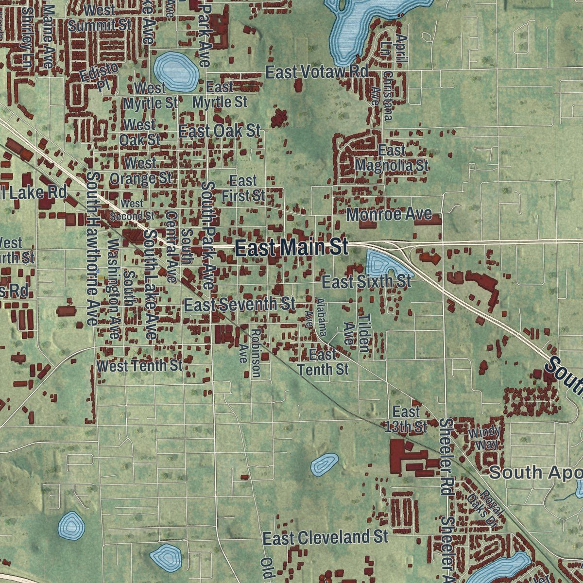 Second close-up of the map of Apopka, Florida print showing more streets and buildings