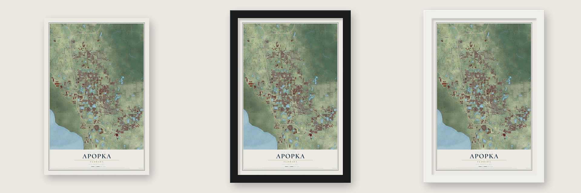 Apopka, Florida map unframed, in a black wood frame and in a white wood frame