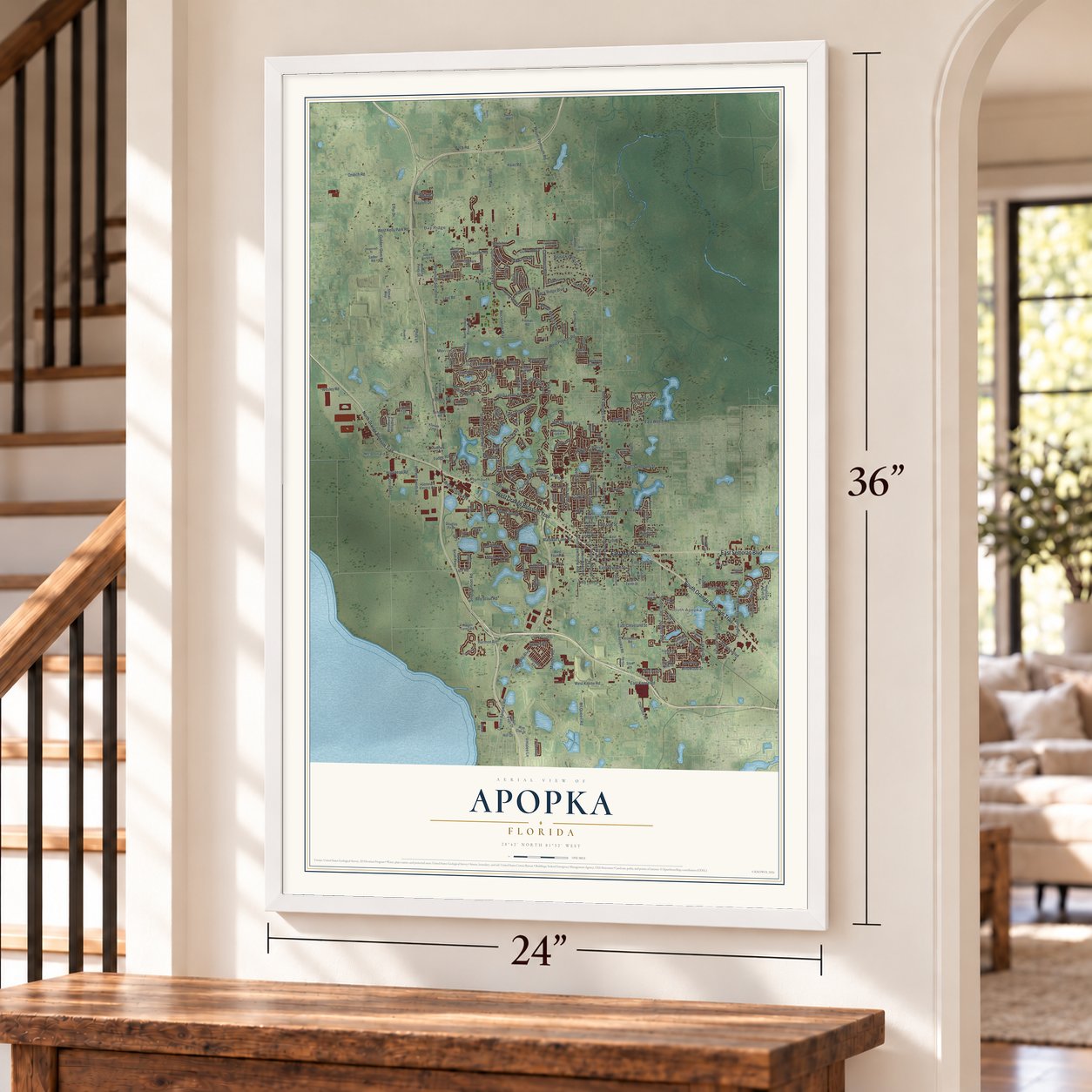 Apopka, Florida map, 24 x 36 inch print in a white frame by a staircase