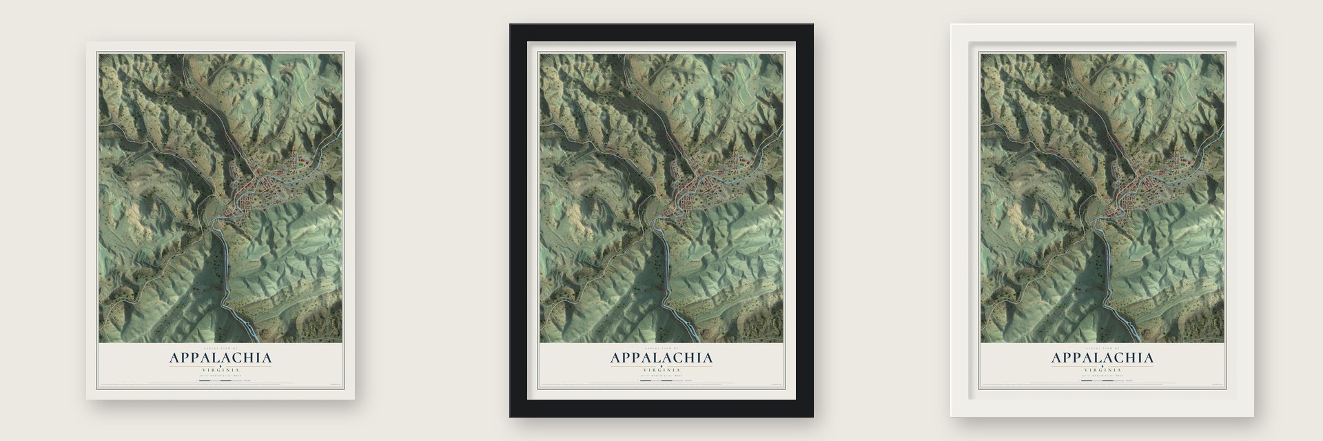 Appalachia, Virginia map unframed, in a black wood frame and in a white wood frame