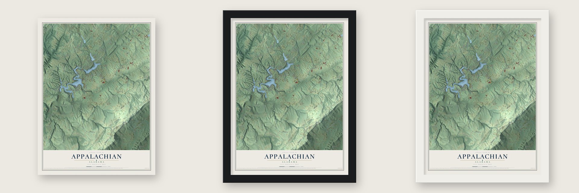 Appalachian, Alabama map unframed, in a black wood frame and in a white wood frame