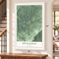 Appalachian, Alabama map, 24 x 36 inch print in a white frame by a staircase