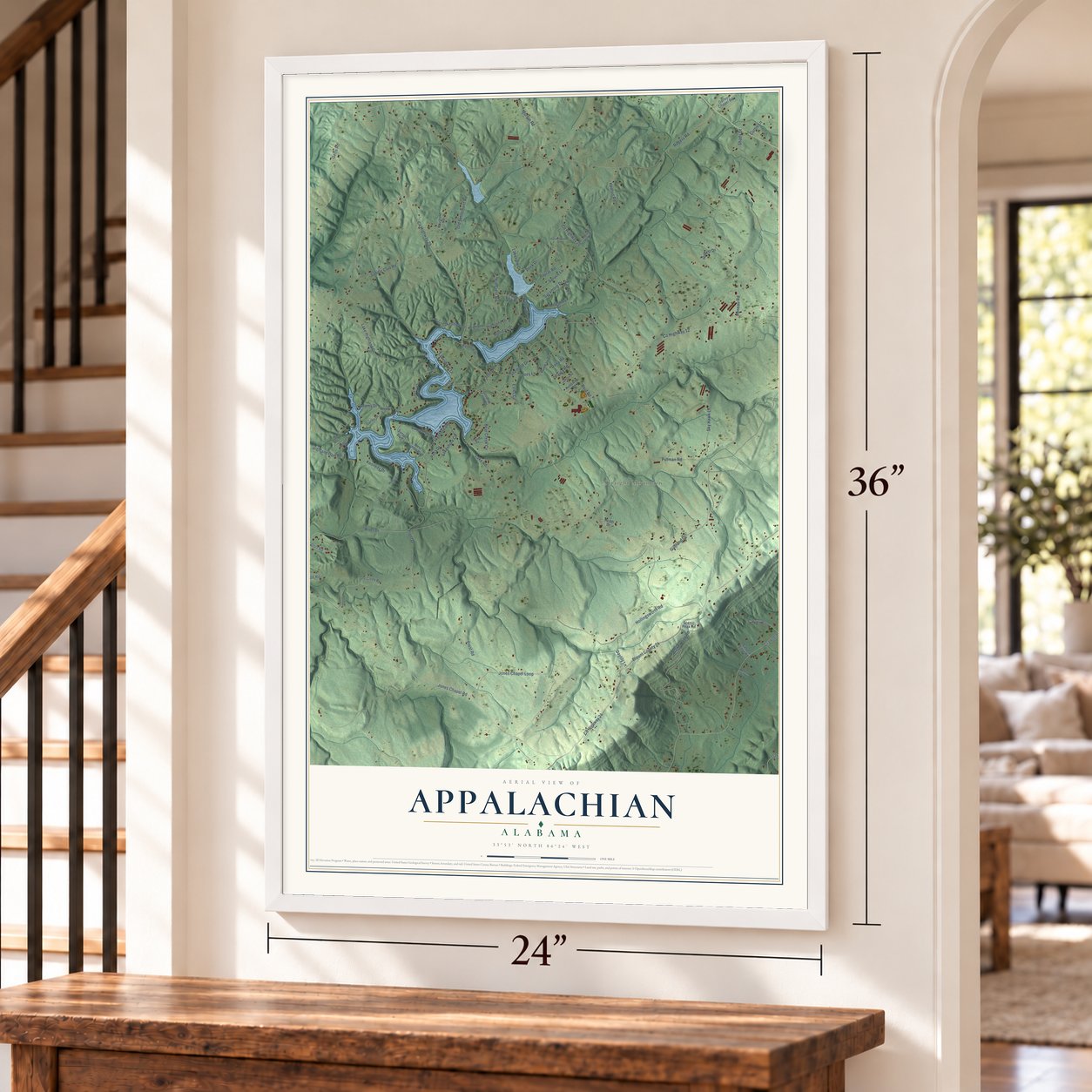 Appalachian, Alabama map, 24 x 36 inch print in a white frame by a staircase