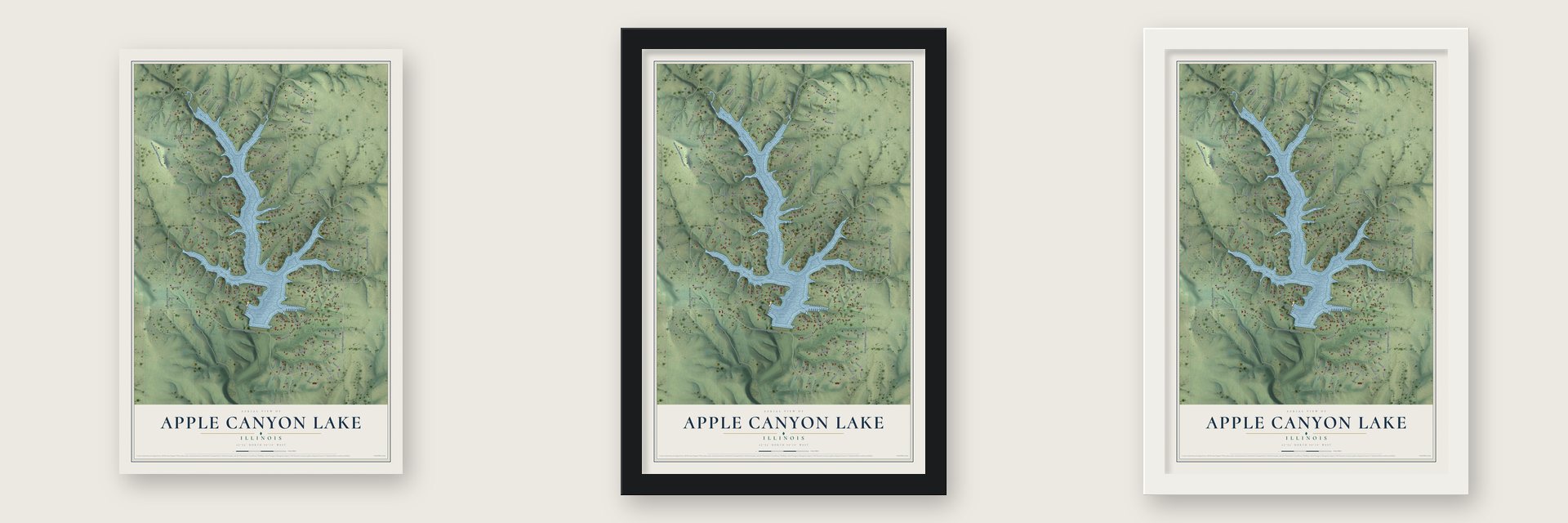Apple Canyon Lake, Illinois map unframed, in a black wood frame and in a white wood frame